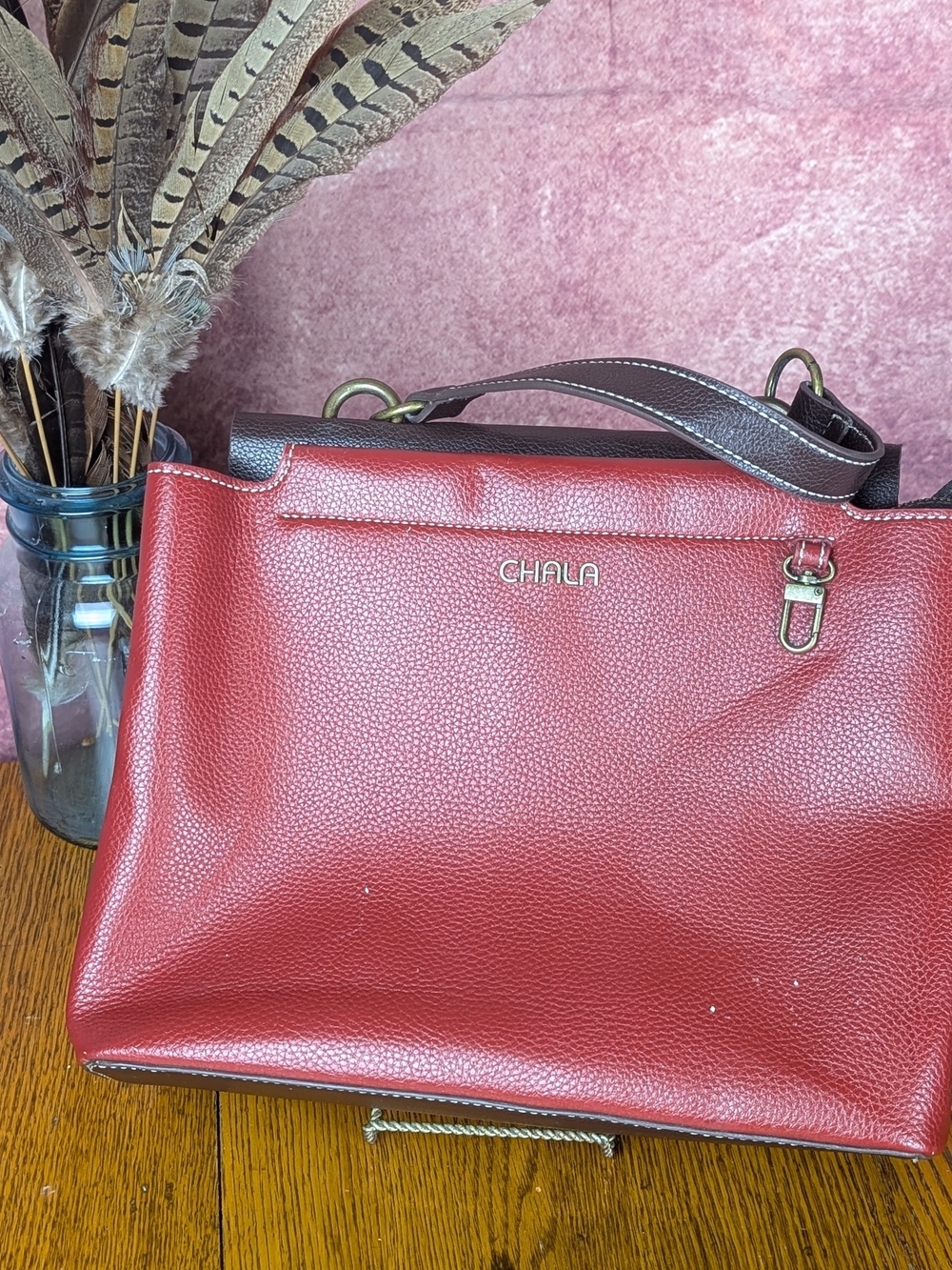 CHALA Burgundy & Brown Faux Leather Satchel Tote Purse | Top Handle